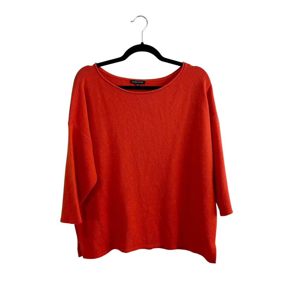 Eileen Fisher Yak Wool Boxy Knit Sweater Orange Large Boat Neck Drop Shoulder